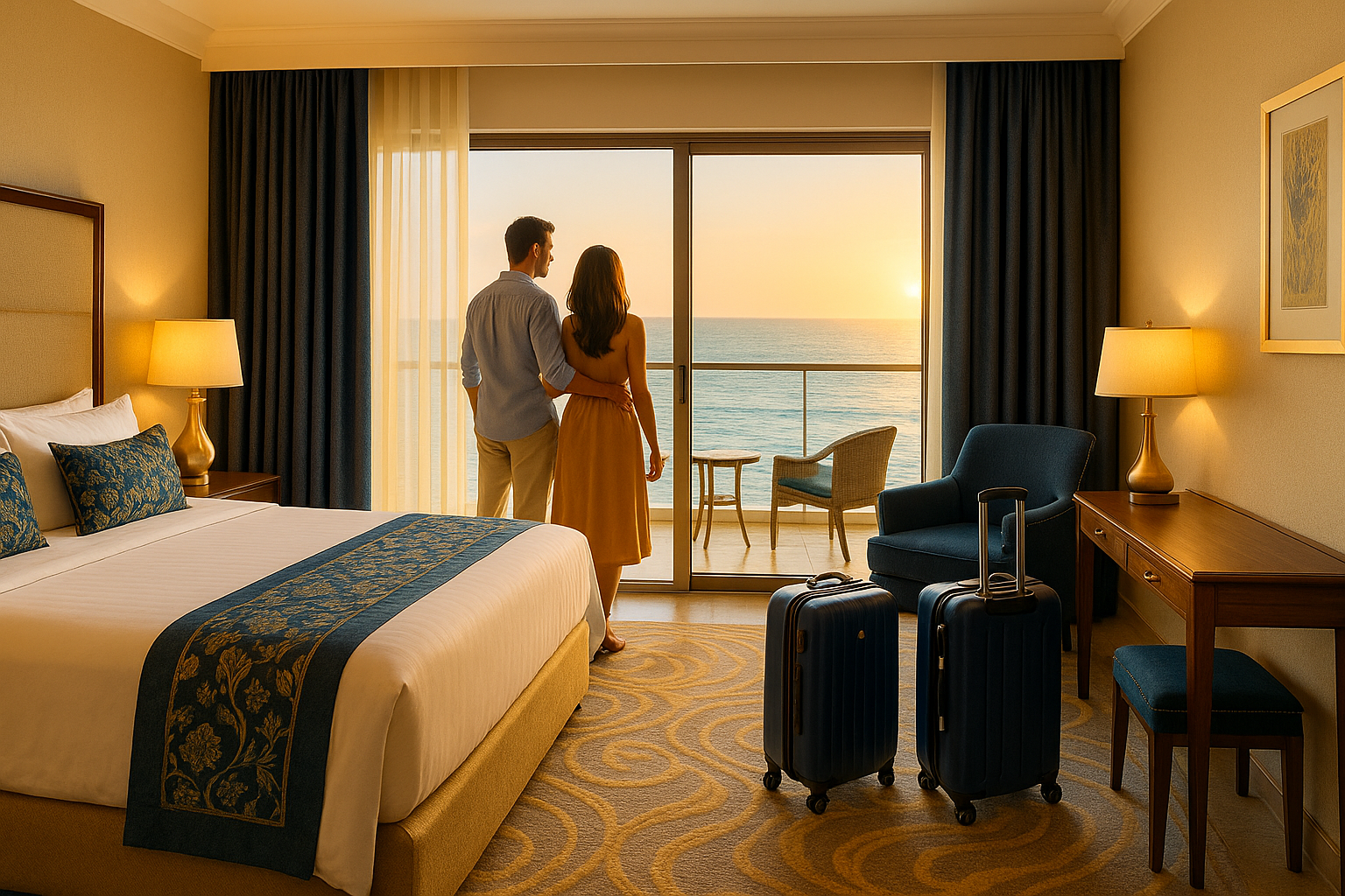 Suite con vista al mar, ambiente elegante y cálido